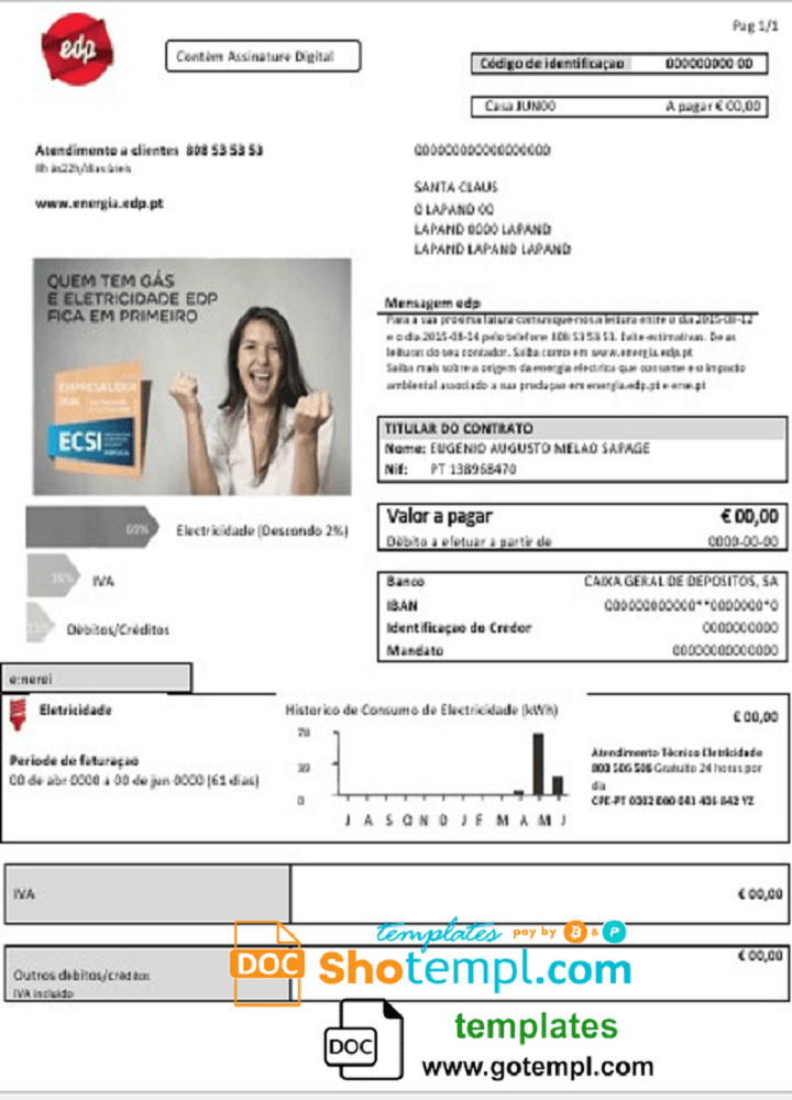 Portugal EDP utility bill template in Word and PDF format, good for address prove